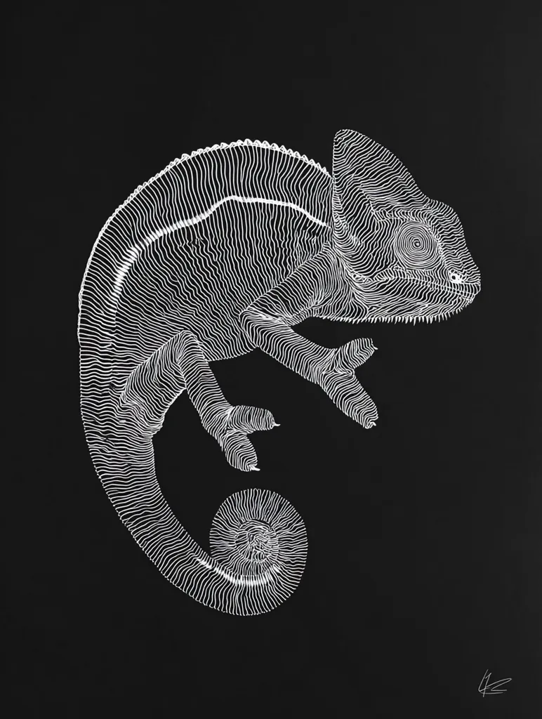 A striking monochrome artwork depicts a chameleon rendered in intricate white lines against a stark black background.  The chameleon's form is built from densely packed, parallel lines creating a textured, almost three-dimensional effect. The tail curls elegantly, mirroring the detailed line work throughout the piece.  The minimalist style creates a sophisticated and visually captivating image.