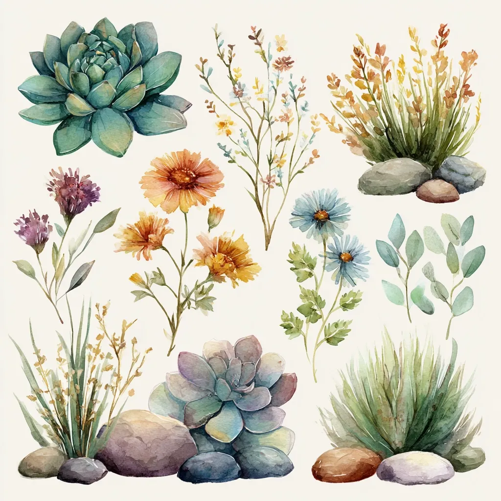 A watercolor collection of desert flora and succulents.  Featured are two succulents, various wildflowers in orange, yellow, purple, and blue hues, grasses, and eucalyptus leaves.  Rocks are artfully arranged beneath several plant groupings. The style is botanical illustration, showcasing delicate details and soft color palettes.