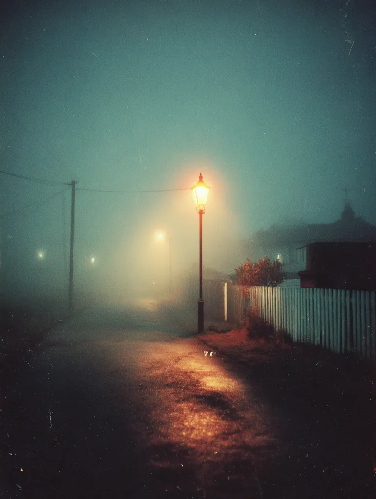 A single lamppost illuminates a foggy street at night.  The dim, orange glow casts a warm light on the wet road, contrasting with the cool, teal-toned fog that obscures the surrounding houses and fences.  The atmosphere is mysterious and serene, with a hint of melancholic beauty.  The overall image is dark and moody, creating a captivating, almost dreamlike scene.