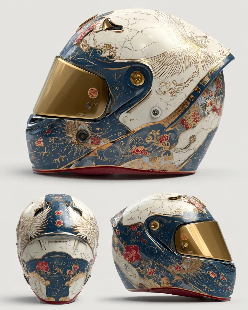 A meticulously crafted motorcycle helmet showcases an exquisite design.  Intricate gold and navy blue floral patterns, reminiscent of Japanese art, adorn a white base.  A golden visor completes the luxurious aesthetic.  Multiple angles highlight the helmet's stunning detail and craftsmanship. The design incorporates stylized birds and flowing patterns, creating a visually striking piece.