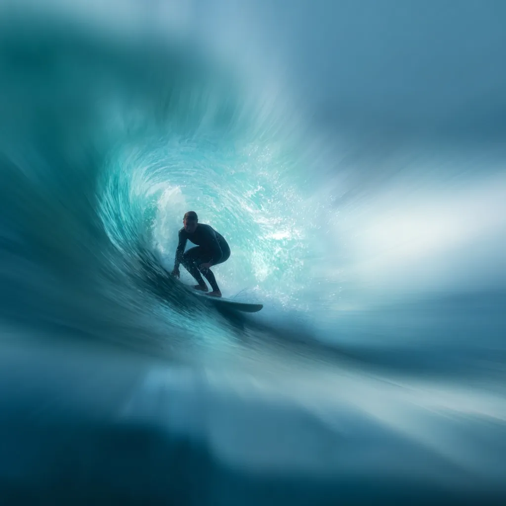 A surfer, silhouetted against the turquoise interior of a barreling wave, crouches low on his board.  The water is a vibrant teal, blurred by motion, creating a sense of speed and power. The scene is dramatic and evokes a feeling of freedom and the thrill of riding a powerful wave.  The overall effect is one of dynamic energy and intense focus.