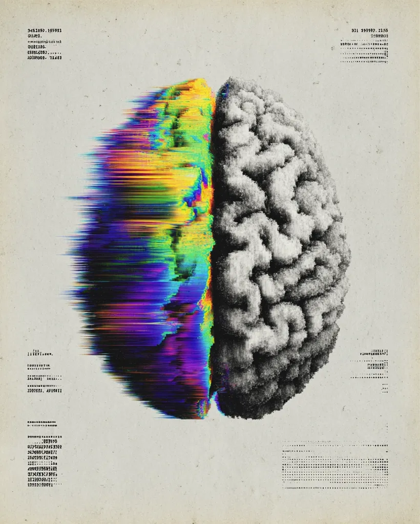 The image depicts a stylized human brain split down the middle. One half is rendered in grayscale, showing a detailed anatomical structure.  The other half is a vibrant, glitch-art effect with rainbow streaks and digital distortion.  Surrounding the brain are strings of numbers and seemingly random code, suggesting a technological or data-driven context. The overall aesthetic is a blend of scientific imagery and digital abstraction.