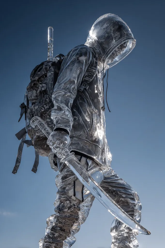 A stunning ice sculpture depicts a hooded figure, possibly a warrior or traveler, clad in detailed ice clothing and carrying a large ice sword.  A backpack is strapped to their back, adding to the realism of the frozen human form against a clear blue sky.  The intricate detail of the ice carving is remarkable, showcasing the artist's skill.
