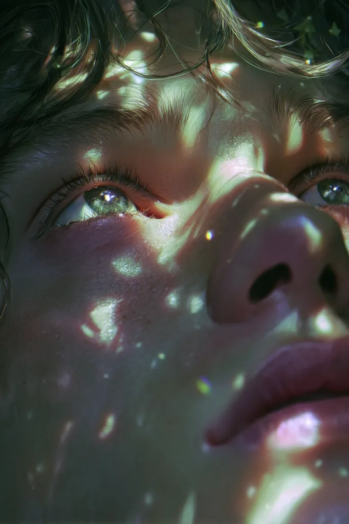 Close-up of a person's face, partially obscured by dark hair and dappled sunlight.  The light creates a dreamy, ethereal effect on the skin, highlighting the eyes and features.  The overall mood is serene and contemplative, with a focus on the soft textures and interplay of light and shadow. The image evokes a feeling of peace and mystery.