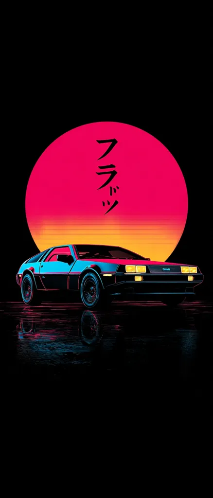 A DeLorean DMC-12, iconic from the Back to the Future films, is depicted in a stylized 80s retro aesthetic.  The car sits before a large, vibrant pink and orange sunset. Japanese characters, likely referencing "Back to the Future," are vertically displayed above the sun. The image is dark, emphasizing the car and the setting sun, creating a nostalgic and visually striking composition.
