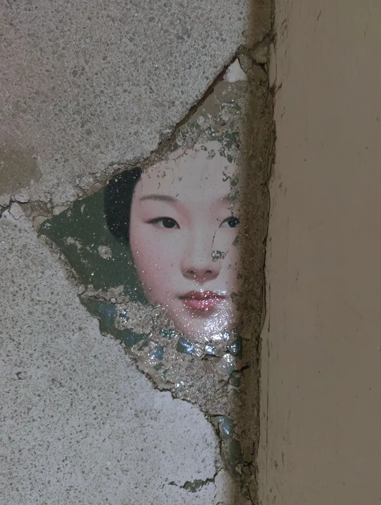 A close-up shot reveals a portion of a woman's face, seemingly from a painting or print, peeking through a large crack in a weathered concrete wall.  The wall shows significant damage, with crumbling plaster and exposed aggregate. The woman's expression is serene, her features partially obscured by the fractured surface.  The juxtaposition of the delicate image against the harsh texture of the wall creates a striking visual contrast.
