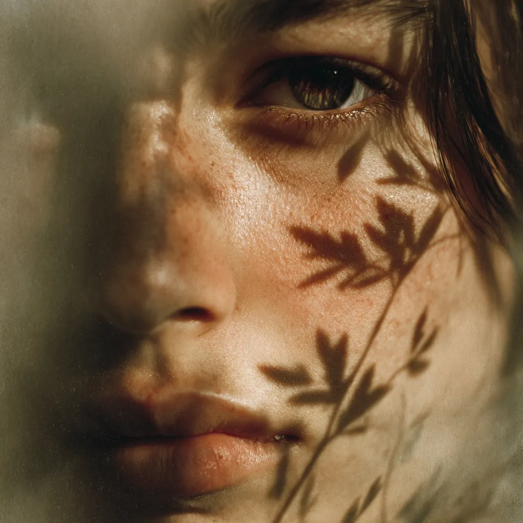 Close-up of a person's face, partially obscured by shadows cast by foliage.  The sunlight illuminates the skin, highlighting freckles and the texture of the face.  The eye is visible, conveying a sense of serenity. The overall mood is peaceful and evocative of nature's gentle touch.