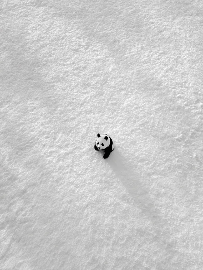 A lone giant panda sits in the center of a vast, snow-covered landscape.  The monochrome image emphasizes the panda's stark contrast against the white expanse.  The scene is peaceful and serene, highlighting the panda's solitary presence in a seemingly endless winter wonderland.  The overhead perspective provides a unique view of the animal and its surroundings.