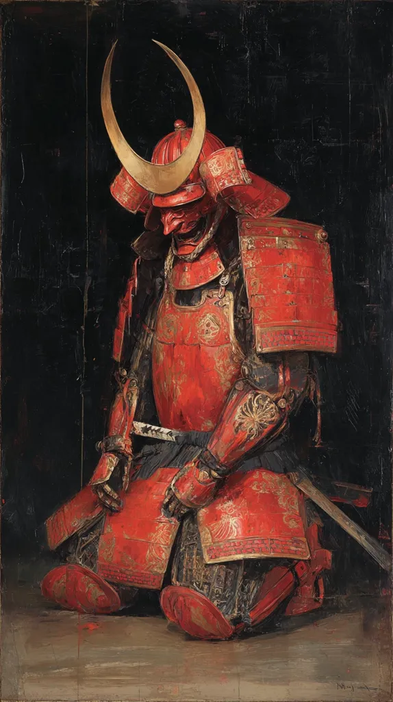 A painting depicts a samurai in a vibrant red suit of armor, kneeling with hands clasped. The armor is intricately detailed with gold accents, and a crescent-shaped helmet crowns the figure's head. The dark background accentuates the armor's rich color and the overall somber mood. The style suggests a blend of realism and stylized elements, capturing a sense of both power and quiet contemplation.