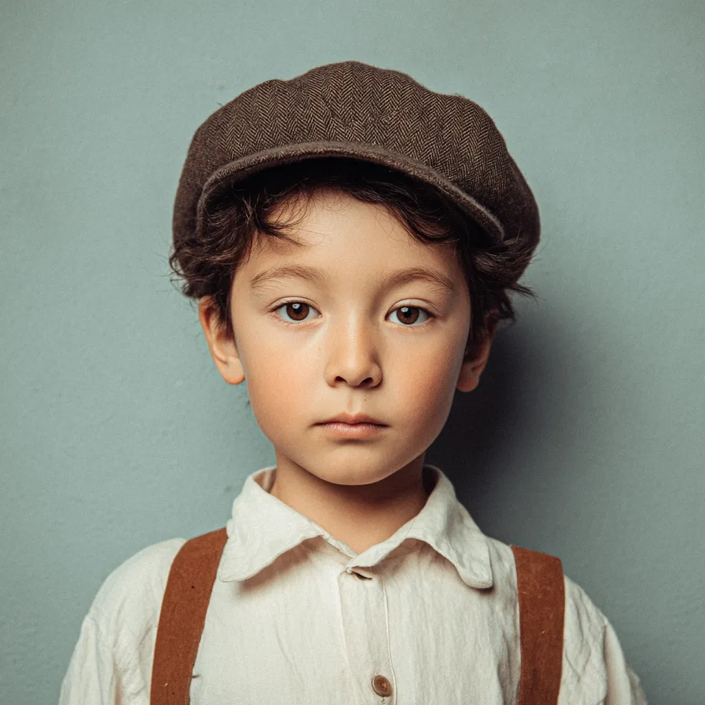 A young boy with dark, curly hair wears a brown newsboy cap and a cream-colored shirt.  He has brown eyes and a serious expression.  The background is a muted blue-gray.  The overall style of the image is vintage or retro.  The boy's suspenders are partially visible.