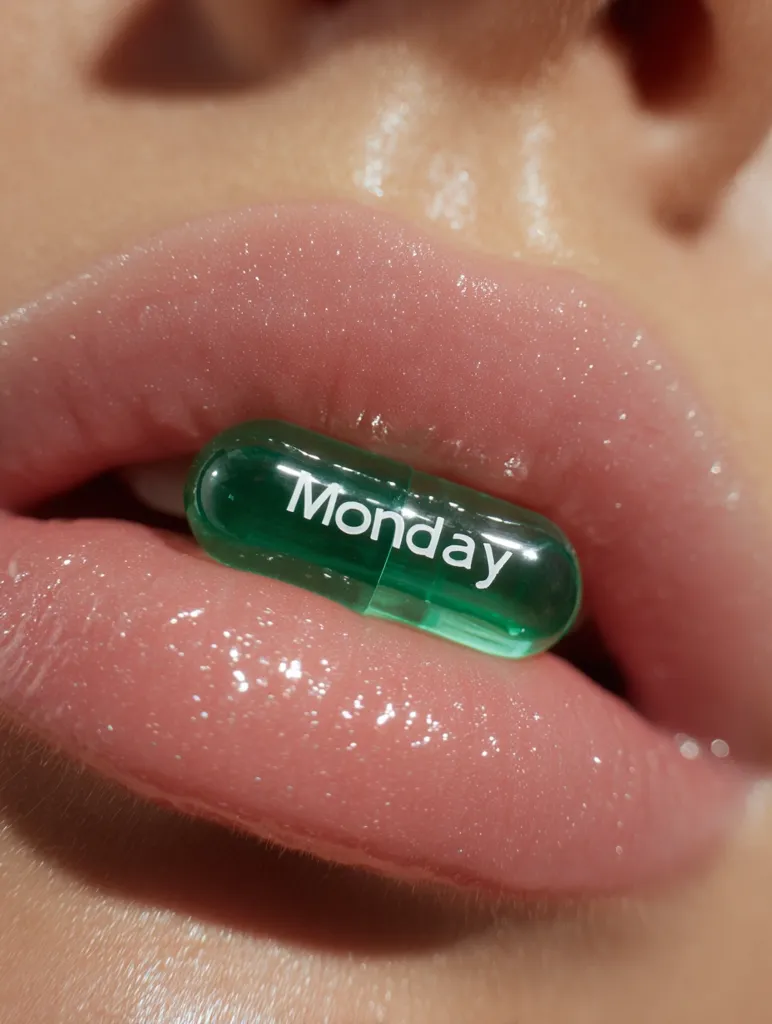 Close-up of a person's glossy lips holding a translucent green capsule between them.  The word "Monday" is clearly visible on the capsule. The image is stylized with a focus on texture and color, creating a visually striking contrast between the lips and the capsule. The overall mood is one of modern aesthetic beauty.