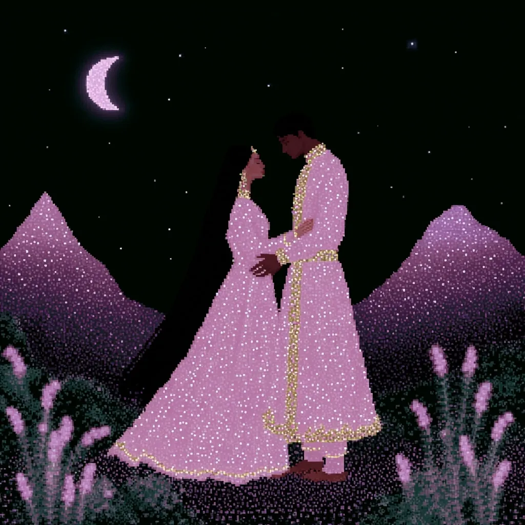 A digital illustration depicts a couple embracing under a crescent moon.  They are adorned in shimmering, light purple garments, standing amidst lavender plants before a backdrop of purplish mountains.  The scene is romantic and ethereal, with a nighttime setting speckled with stars. The artwork uses a pixelated or pointillist style, giving it a unique texture.