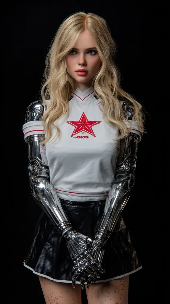 A blonde woman with long wavy hair stands against a black background. She wears a white athletic shirt with a red star emblem, a black pleated skirt, and highly detailed metallic prosthetic arms.  Her expression is serious and her hands are clasped in front of her. The image is stylized and digitally rendered, possibly showcasing a cyberpunk or futuristic aesthetic.