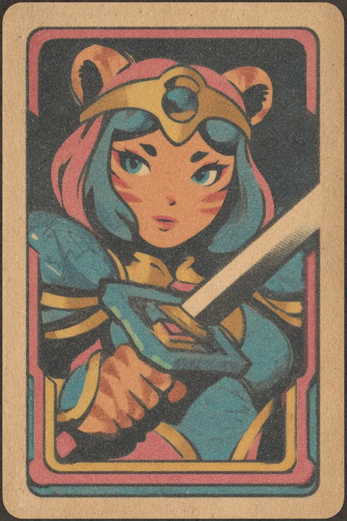 A stylized illustration resembling a trading card features a female warrior. She possesses feline-like ears and markings, a golden crown, and teal armor.  The warrior grips a long, silver sword, her expression serious and determined. The art style is reminiscent of retro video game graphics, with a textured, vintage aesthetic. The color palette is muted, using earth tones and pastel shades.