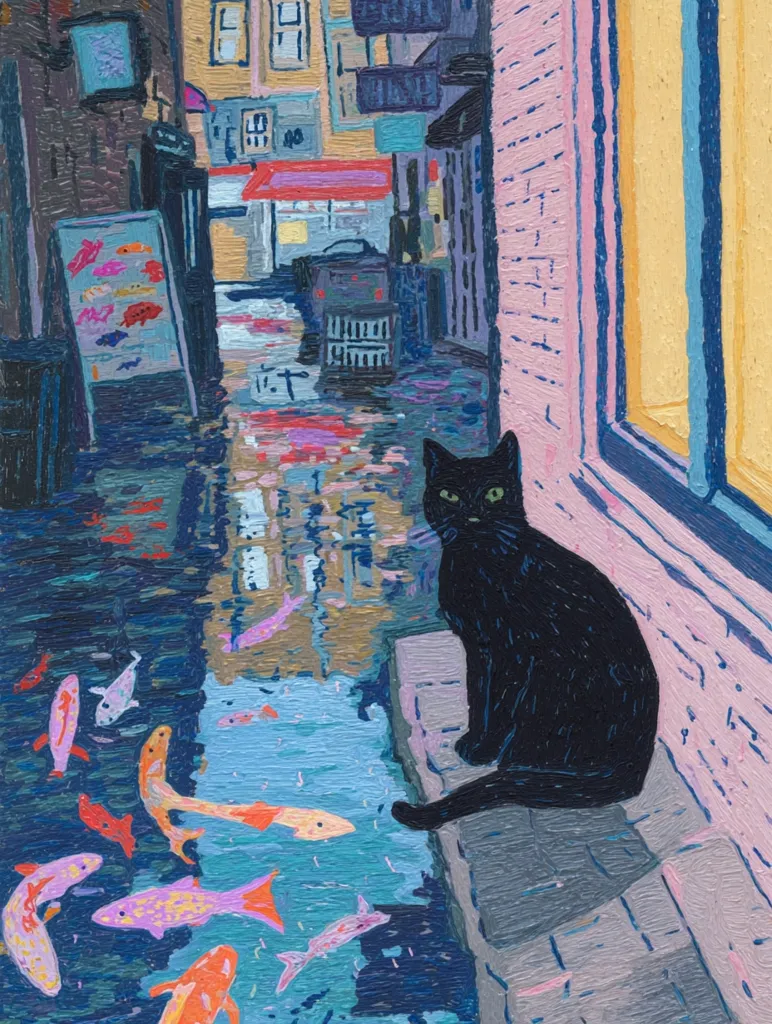 A black cat sits beside a rain-filled alleyway, observing colorful koi fish swimming in a puddle reflecting the buildings.  The scene is painted in a vibrant, textured style, with visible brushstrokes giving it a slightly impressionistic feel.  A sign advertising fish is visible in the background, adding to the overall theme of aquatic life contrasted with urban setting. The alley is narrow and shows buildings with various colors and architectural details.