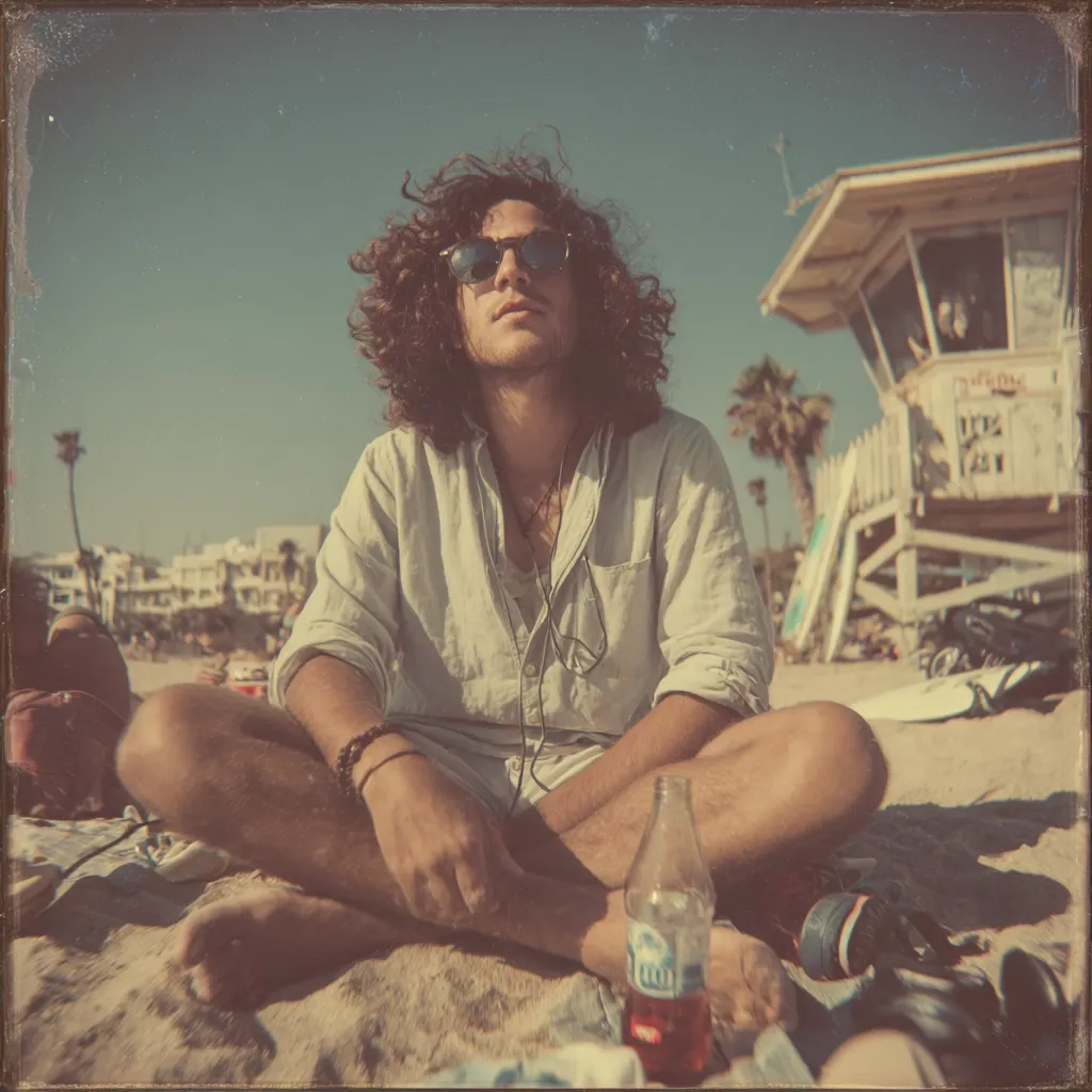 A young man with curly hair and sunglasses sits cross-legged on a sandy beach, a bottle of soda beside him. He wears a light beige, loose-fitting shirt and appears relaxed, gazing upward.  In the background, a lifeguard tower and palm trees are visible under a bright, sunny sky. The image has a vintage, faded filter applied.
