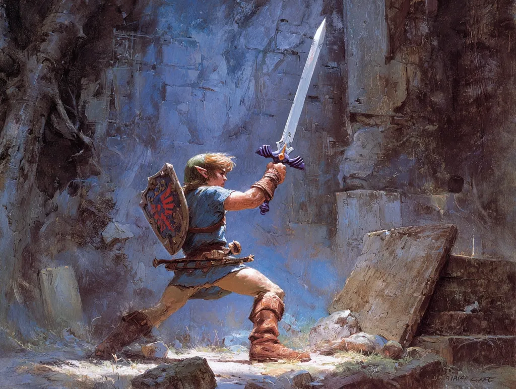A painting depicts Link, the hero from The Legend of Zelda, in a dynamic pose. He wields the Master Sword, its silver blade gleaming, and carries the Hylian Shield on his back.  Link is positioned within a crumbling stone structure, bathed in a soft, ethereal light, suggesting a moment of intense action or preparation for battle. The overall mood is one of heroic determination.