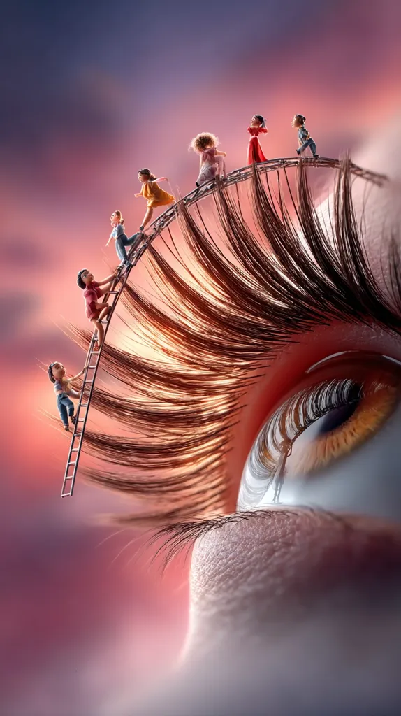 Miniature people traverse a giant eyelash, some walking along the hairs, others ascending a tiny ladder.  The scene is surreal and whimsical, set against a dreamy, soft pink and purple sky. The perspective is dramatic, emphasizing the scale difference between the humans and the enormous eye they're exploring. The overall effect is both captivating and slightly unsettling.