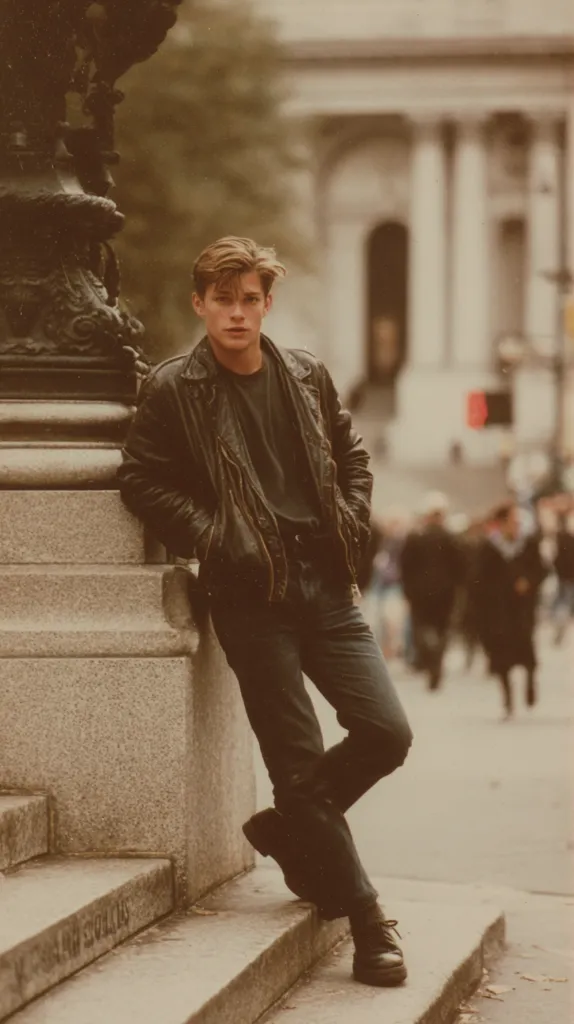 A young man with light brown hair, wearing a brown leather jacket and dark jeans, leans against a stone pillar.  He's positioned on a staircase in a city setting, with a blurred background suggesting a busy street and classical architecture. The sepia-toned photo gives it a vintage feel, evocative of the 1980s or 90s.  His posture is relaxed yet stylish.