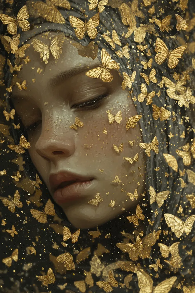 A serene woman's face is partially obscured by a veil of golden butterflies.  Her eyes are closed, and her expression is peaceful.  The butterflies, rendered in shimmering gold, appear to flutter around her, creating a dreamlike and ethereal atmosphere.  The image evokes feelings of tranquility and magical realism. The overall tone is soft and muted, with the gold butterflies providing a striking contrast.