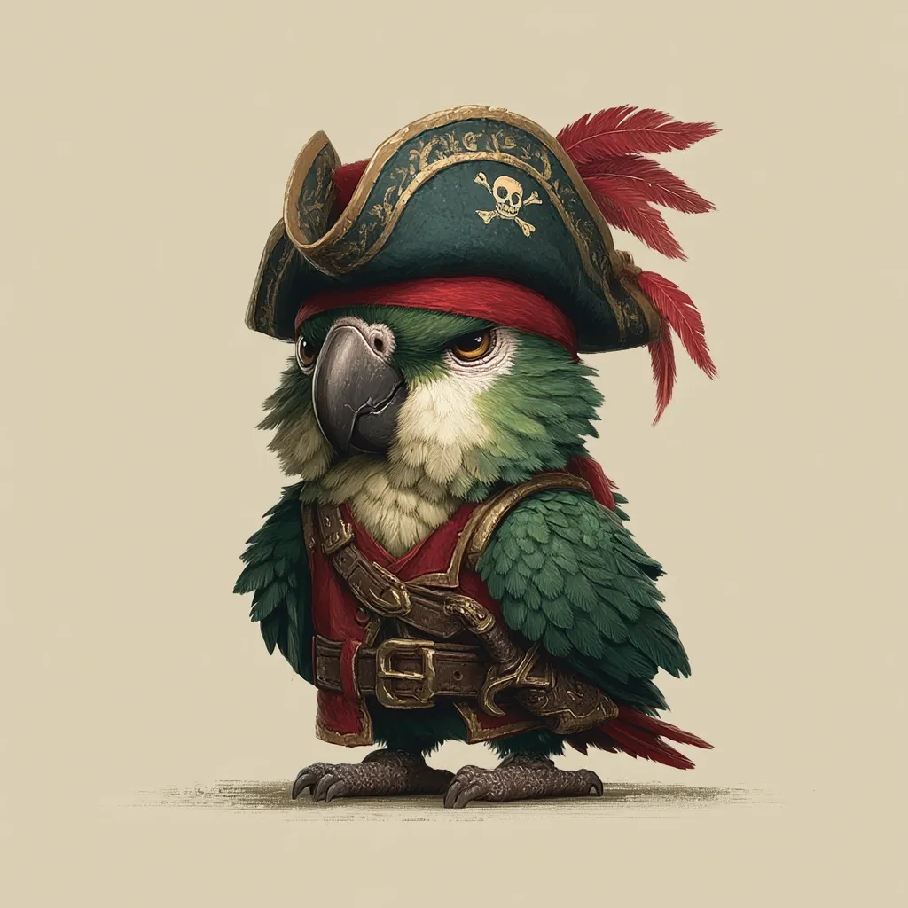 A charming illustration depicts a green parrot meticulously dressed as a pirate.  The parrot sports a tricorn hat adorned with a skull and crossbones, a red bandana, and a miniature pirate's vest and belt.  Its expression is serious and intense, giving it a surprisingly fierce air despite its small size. The detailed artwork creates a whimsical and captivating image.