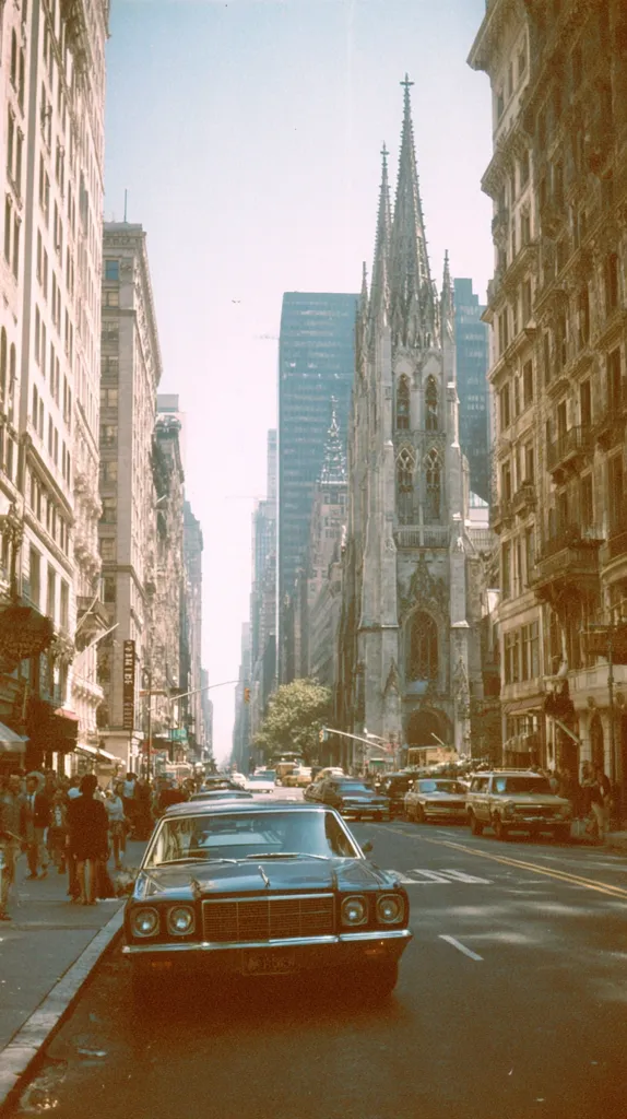 A vintage photograph depicts a city street scene, likely in New York City.  Tall buildings line both sides of the street, with the spire of a Gothic church prominent in the center. Classic American cars are parked and driving along the street, and pedestrians stroll along the sidewalk. The image evokes a nostalgic feel of a bygone era, likely the 1970s. The light suggests it's daytime with a hazy or slightly overcast sky.