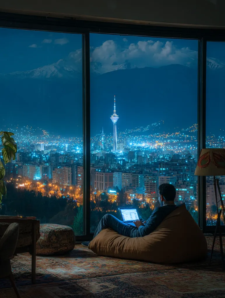 A person relaxes in a beanbag chair, working on a laptop.  The panoramic window offers a breathtaking nighttime view of a sprawling city illuminated below, featuring a prominent tower and snow-capped mountains in the distance. The scene is bathed in the soft glow of city lights, creating a serene and captivating atmosphere.