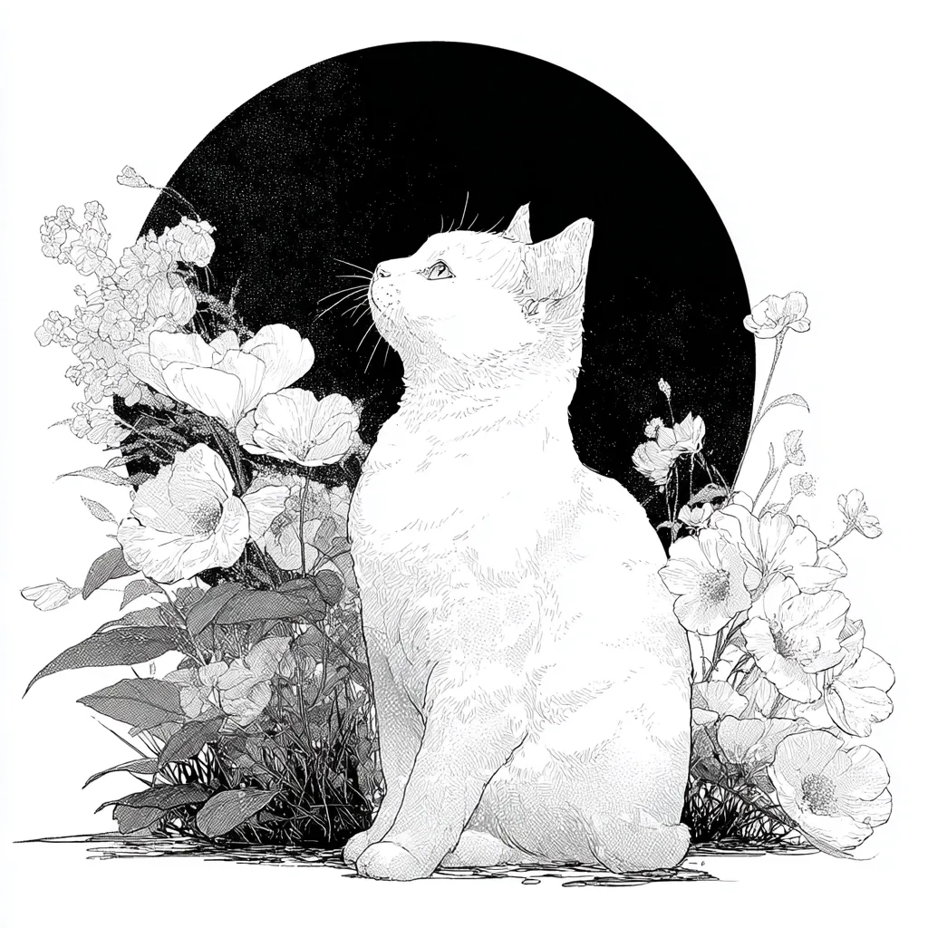 A detailed black and white illustration depicts a white cat sitting amidst a lush garden of flowers.  The cat gazes upwards, its fur meticulously rendered with fine lines.  The flowers, primarily poppies and smaller blossoms, surround the cat, creating a frame against a dark circular backdrop, possibly representing the moon. The style is reminiscent of botanical illustration, emphasizing delicate detail and natural forms.