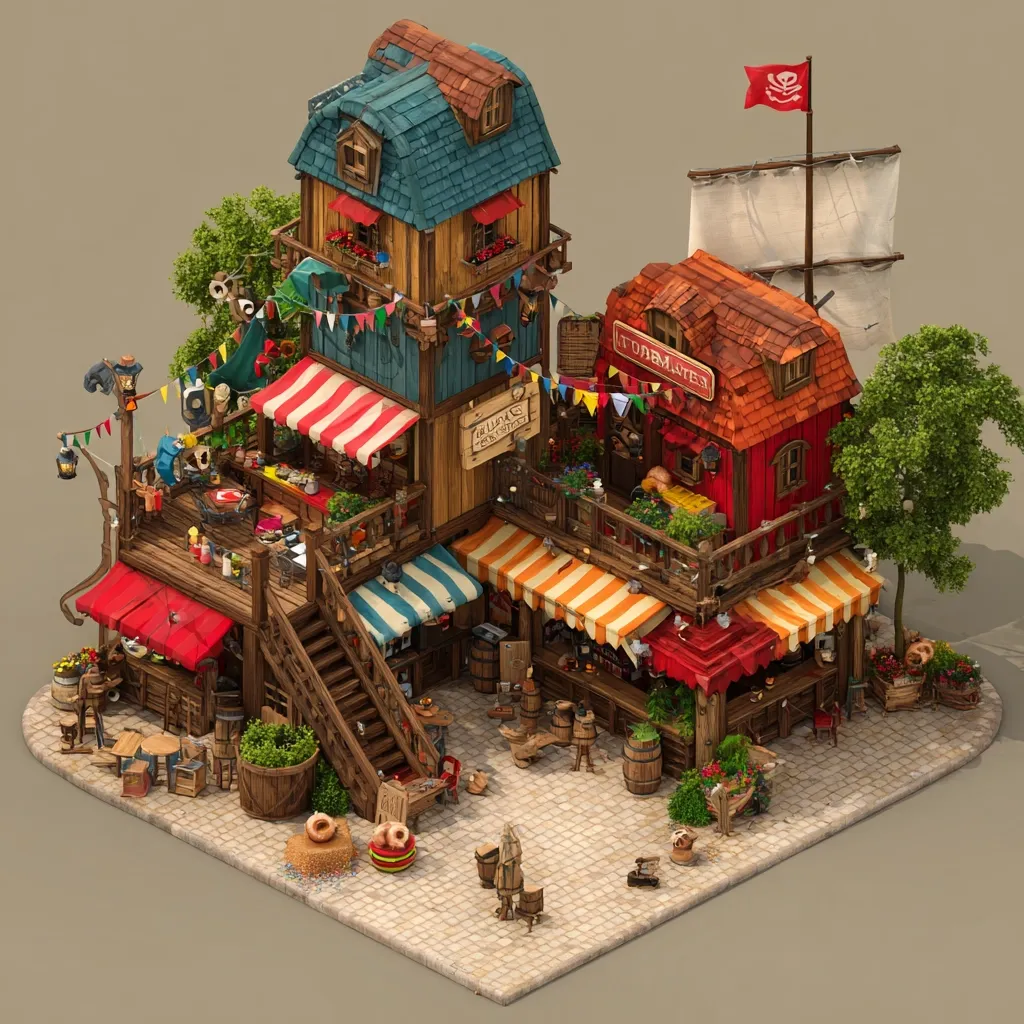 A charming, whimsical 3D rendering of a seaside marketplace. Two multi-level buildings, one teal and one red-roofed, feature striped awnings and balconies overflowing with plants. A pirate flag adorns a nearby mast.  Wooden stairs connect the levels, and various barrels, tables, and other market items are scattered throughout the cobblestone square.  The scene evokes a cheerful, fantasy atmosphere.