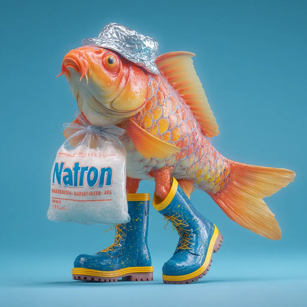 A whimsical 3D rendering depicts an anthropomorphic koi fish wearing a tinfoil hat and rain boots.  The fish carries a bag of Natron, a type of salt. The vibrant colors and surreal elements create a humorous and eye-catching image against a light blue background. The fish's expression is mildly amused, enhancing the overall playful tone.