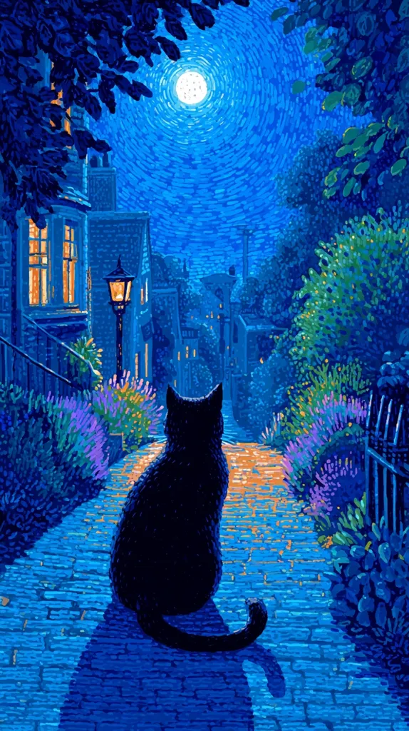 A black cat sits on a moonlit cobblestone street, its shadow stretching long behind it.  Warm light emanates from windows of buildings lining the street, which are nestled amongst lush, dark-green foliage.  A full moon dominates the vibrant blue night sky, creating a serene and slightly mystical atmosphere. The scene is rendered in a pointillist style, with distinct brushstrokes contributing to its texture.