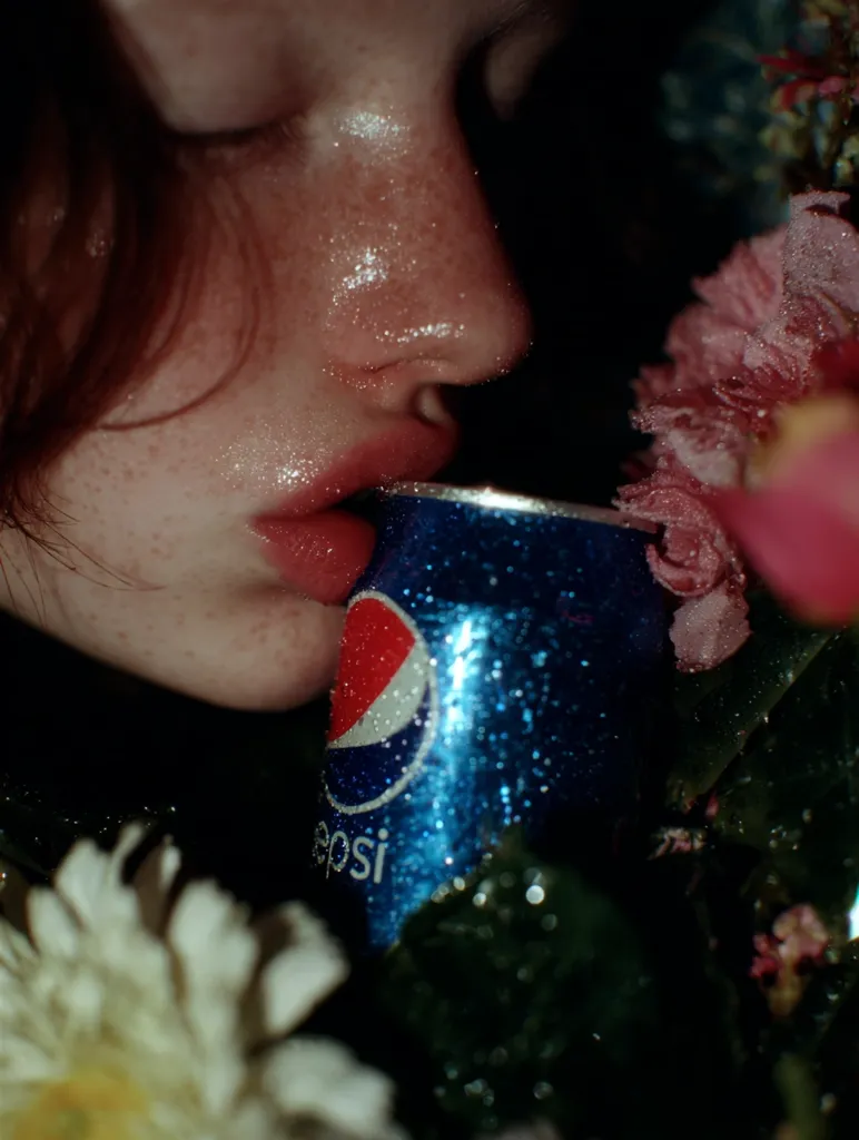 Close-up of a young woman with freckles and glitter on her face, lips pressed against a Pepsi can.  She is surrounded by vibrant pink and white flowers, creating a darkly lit, intimate, and slightly surreal scene.  Water droplets are visible on both the can and the flowers, adding to the moody atmosphere.