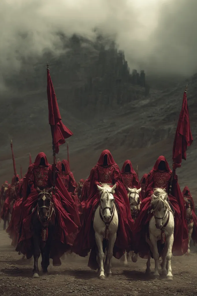 A troop of cloaked figures on horseback advances across a desolate landscape.  Dressed in crimson robes and hoods concealing their faces, they carry red flags, creating a visually striking and ominous scene.  The background features a misty, mountainous terrain, adding to the atmosphere of mystery and foreboding.  The horses are predominantly white, contrasting with the deep red of the riders' attire.