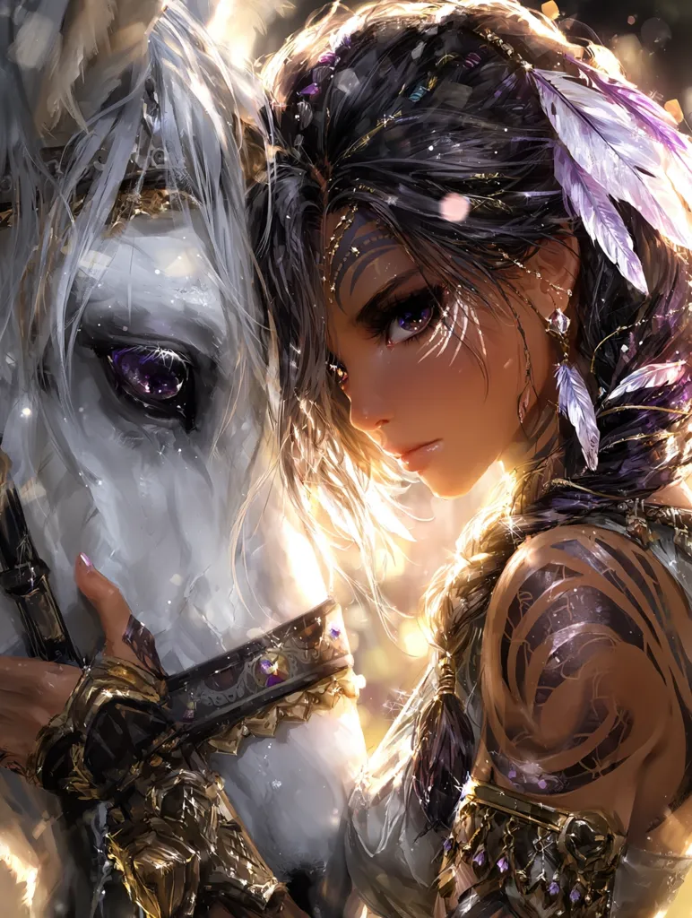 A young woman with dark hair adorned with feathers and gold accents embraces a white horse.  She has intricate tribal markings on her face and arm, and wears ornate gold jewelry.  The scene is bathed in warm, golden light, creating a mystical and ethereal atmosphere. The woman's expression is serious and tender as she connects with her animal companion.