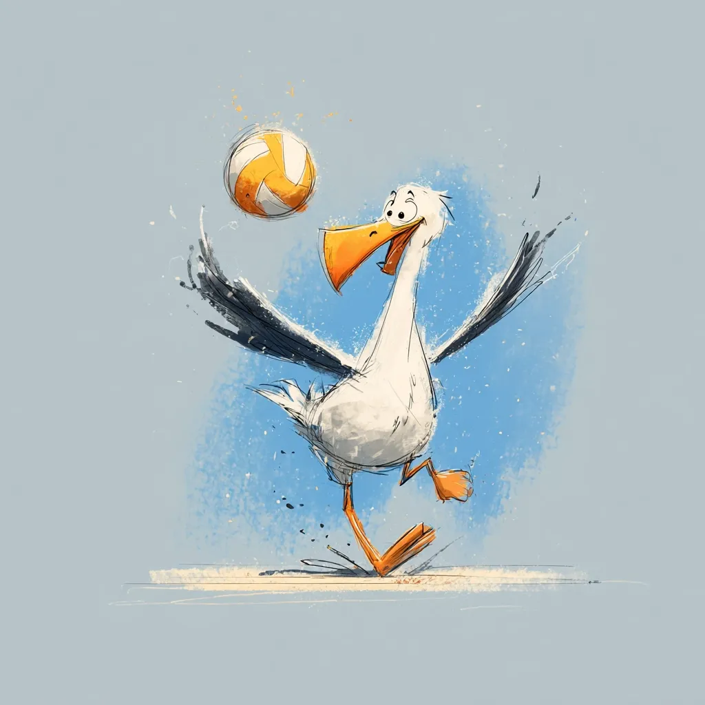A cartoon seagull, joyfully playing with a volleyball on a beach.  Its wings are outstretched, and it's depicted in a dynamic pose, suggesting movement and fun. The style is loose and expressive, with visible brushstrokes contributing to a lighthearted and whimsical feel. The background is a simple, soft blue, emphasizing the bird and its playful action.