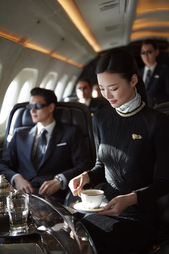 A woman in a black dress sits in a private jet, sipping tea from a delicate porcelain cup.  She's elegantly adorned with a silk scarf and jewelry.  Two men in suits sit nearby, one appearing to be in conversation. The luxurious interior of the plane is evident, showcasing opulent details and comfort. The scene conveys wealth and refined travel.