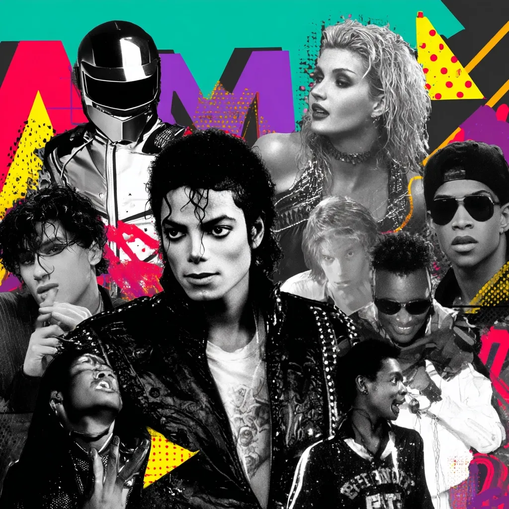 A vibrant collage showcasing iconic 80s and 90s music artists.  Central is Michael Jackson, surrounded by figures including a woman with blonde hair, a man in a motorcycle helmet, and several other musicians of diverse styles.  Bold geometric shapes and bright colors in the background complement the black and white portraits of the stars, creating a dynamic and nostalgic image.