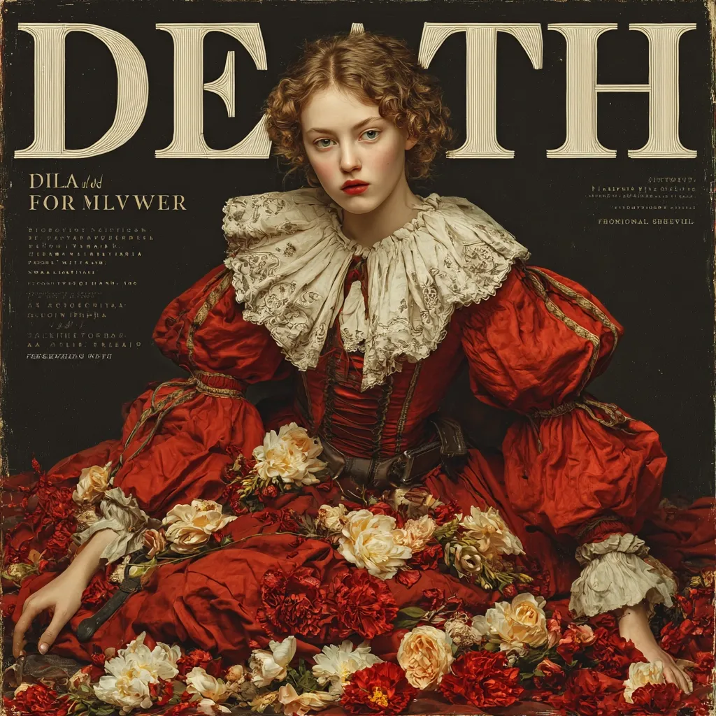 A young woman in a rich red 17th-century style gown sits amidst a profusion of flowers.  The title "DEATH" dominates the background, styled like a vintage magazine cover. Her expression is serious, almost melancholic. The overall aesthetic is dark, romantic, and evocative of mortality.  The image combines elements of fashion photography and historical portraiture.