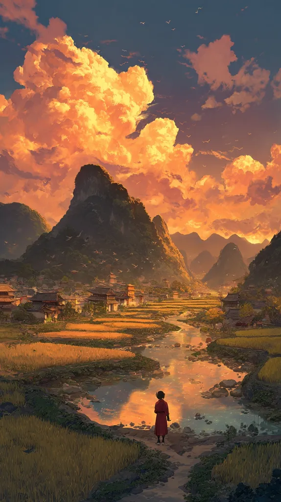 A serene landscape unfolds at sunset, showcasing a picturesque village nestled amidst verdant rice paddies and towering karst mountains.  A tranquil river meanders through the scene, reflecting the fiery orange hues of the sky.  A lone figure in red stands by the water's edge, contemplating the breathtaking vista.  Birds fly overhead, adding to the peaceful atmosphere. The image evokes a sense of tranquility and harmony with nature.