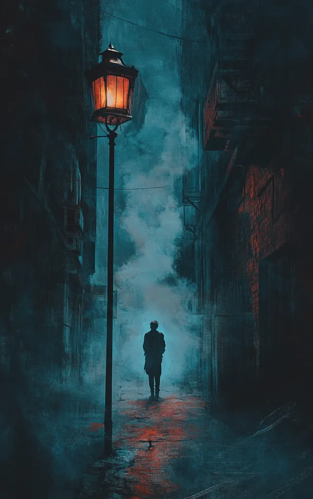 A solitary figure walks down a dimly lit, narrow alleyway shrouded in mist.  A lone gas lamp casts a warm glow, contrasting with the cool, dark blues and greens of the surrounding buildings. The atmosphere is moody and atmospheric, suggesting a sense of mystery and isolation. The scene is painted in a style that evokes a feeling of old-world charm and haunting beauty.