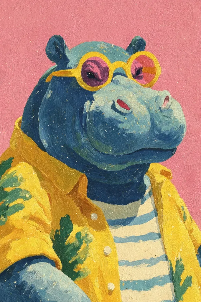 A vibrant impasto painting depicts a hippopotamus wearing yellow, tropical-print shirt and oversized, yellow-framed sunglasses.  The hippo's expression is calm and slightly amused. The background is a soft pink, contrasting with the bold colors of the subject.  The thick application of paint creates a textured, almost sparkly effect.