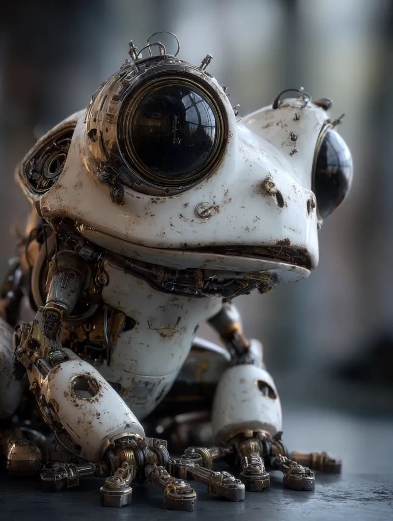 A meticulously crafted steampunk frog robot sits on a dark surface.  Its body is predominantly off-white with visible wear and tear, suggesting age or battle damage.  Intricate brass and bronze gears and components are integrated into its design, and large, dark, circular eyes give it an expressive gaze.  The robot's pose is slightly hunched, adding to its character.