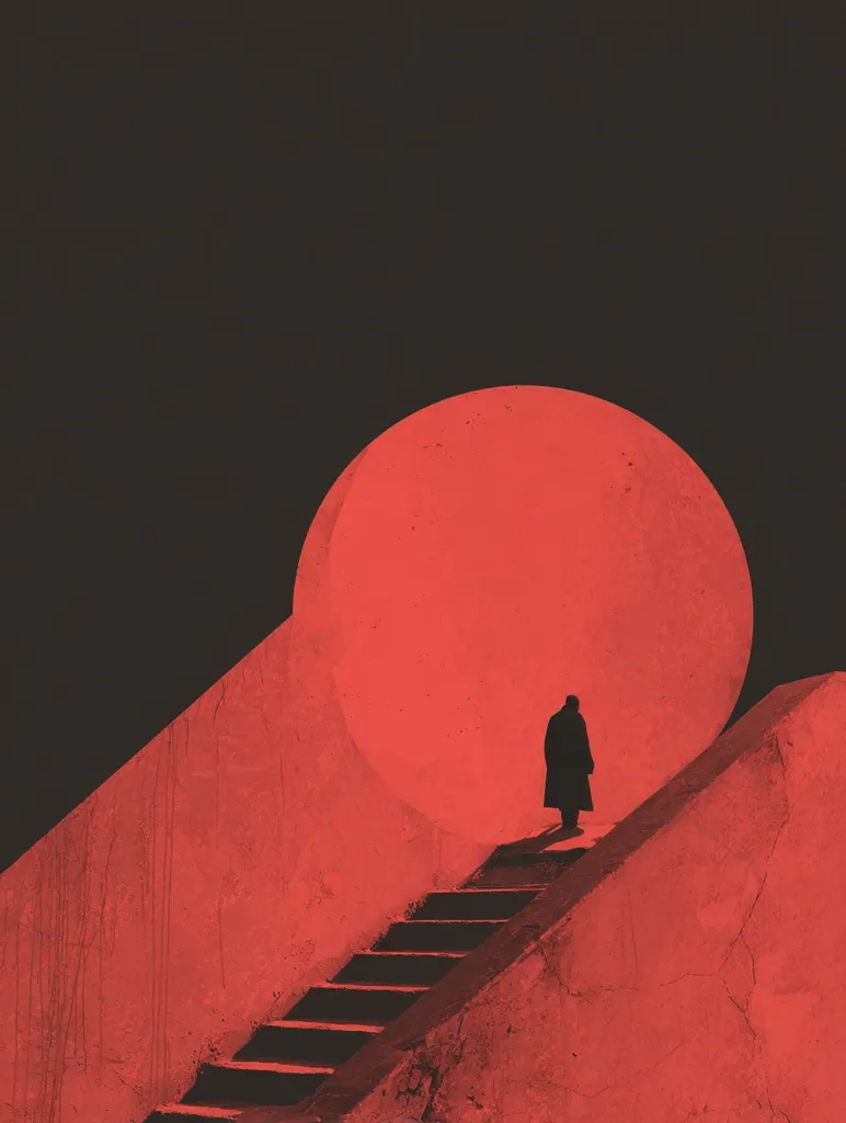 A lone figure in a dark coat ascends a staircase towards a large, red circular structure against a stark black background.  The scene is rendered in a minimalist style with a predominantly red and black color palette, creating a dramatic and somewhat surreal atmosphere. The image evokes a sense of mystery and journey.