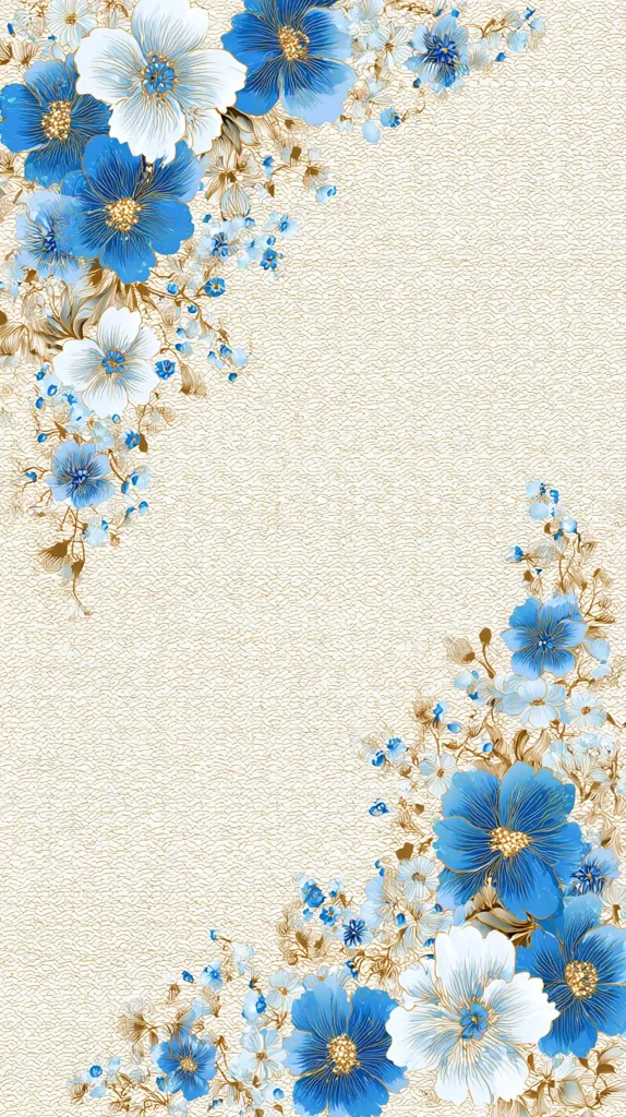 A beige textured background is adorned with a floral border.  Large blue and white flowers, accented with gold detailing, are prominently featured.  Smaller blue and white blossoms fill the spaces between the larger blooms, creating a lush, elegant design that frames the central area.  The floral arrangement is balanced, with similar compositions on both the upper left and lower right.