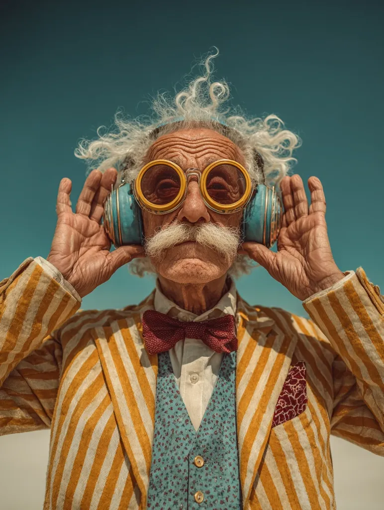 A stylish elderly gentleman with a voluminous white mane, sporting round yellow glasses and teal headphones, holds them gently against his ears.  He's dressed in a vibrant yellow and white striped blazer, a teal waistcoat, and a burgundy bow tie, creating a whimsical and fashionable image.  The backdrop is a clear, azure sky.