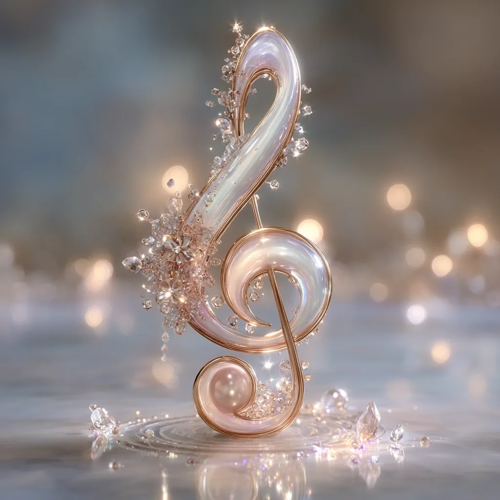A shimmering treble clef, crafted from pearlescent material and adorned with sparkling crystals and a single pearl, rests delicately on a reflective surface.  The design is intricate and elegant, suggesting a luxurious and artistic representation of music. The background features a soft bokeh effect, enhancing the overall ethereal and magical quality of the image.