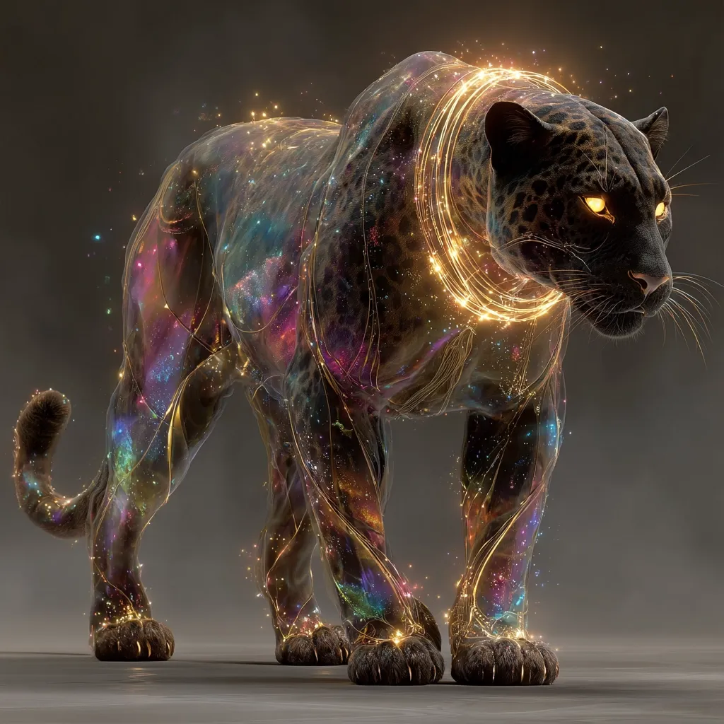 A majestic black jaguar, seemingly composed of shimmering nebulae and golden energy, strides forward.  Its body is a captivating blend of dark fur and vibrant cosmic dust, illuminated by a glowing, ethereal necklace.  The jaguar's intense golden eyes and powerful stance convey both grace and untamed power, creating a surreal and awe-inspiring image.