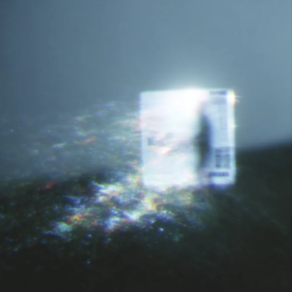 A blurry, out-of-focus image depicts a rectangular object, possibly a card or ticket, seemingly floating above a dark, textured surface. The object is bright, almost glowing, and the background is a muted grayish-blue.  The overall effect is dreamlike and ethereal, with a distorted, glitching quality suggestive of digital interference or a malfunctioning camera.  The scene is enigmatic and lacks clear detail.