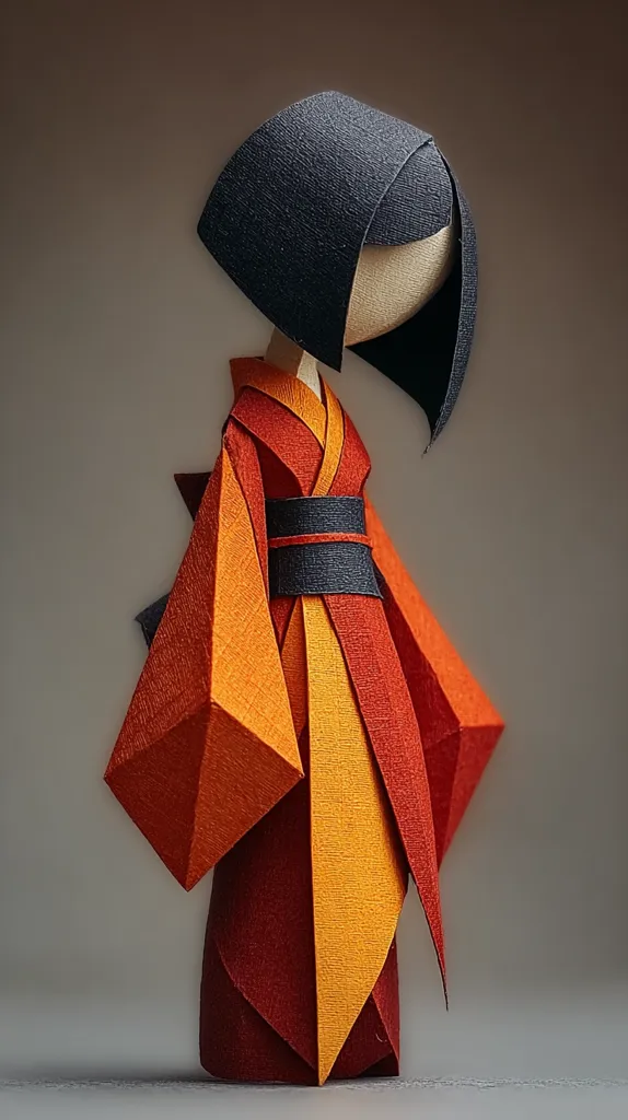 A meticulously crafted paper sculpture depicts a stylized female figure in a kimono.  The figure's bobbed hair is dark, contrasting with the vibrant orange and red hues of her geometrically folded kimono.  The garment's sharp angles and layered folds create a striking visual effect. The dark belt adds a touch of sophistication. The piece showcases intricate paper folding techniques, resulting in a unique and modern interpretation of traditional Japanese attire.