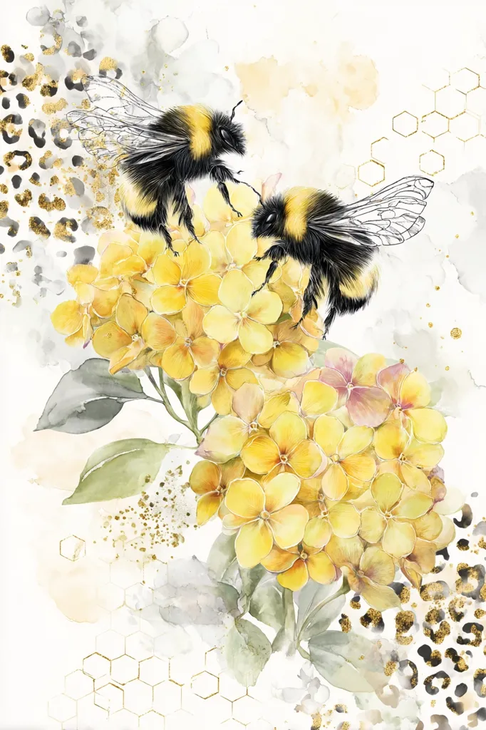 A watercolor painting depicts two bumblebees delicately perched on a cluster of vibrant yellow flowers.  The scene is embellished with gold accents, a honeycomb pattern suggesting a beehive, and leopard print elements, creating a luxurious and whimsical feel. The soft watercolor style contrasts with the sharp detail of the bees, resulting in a visually captivating artwork.